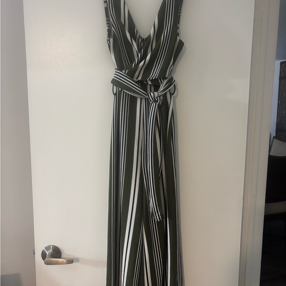 Striped Olive & White Wrap Jumpsuit with Tie Waist